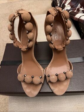 Alaia Tan Suede Beaded Ankle-Strap Heels